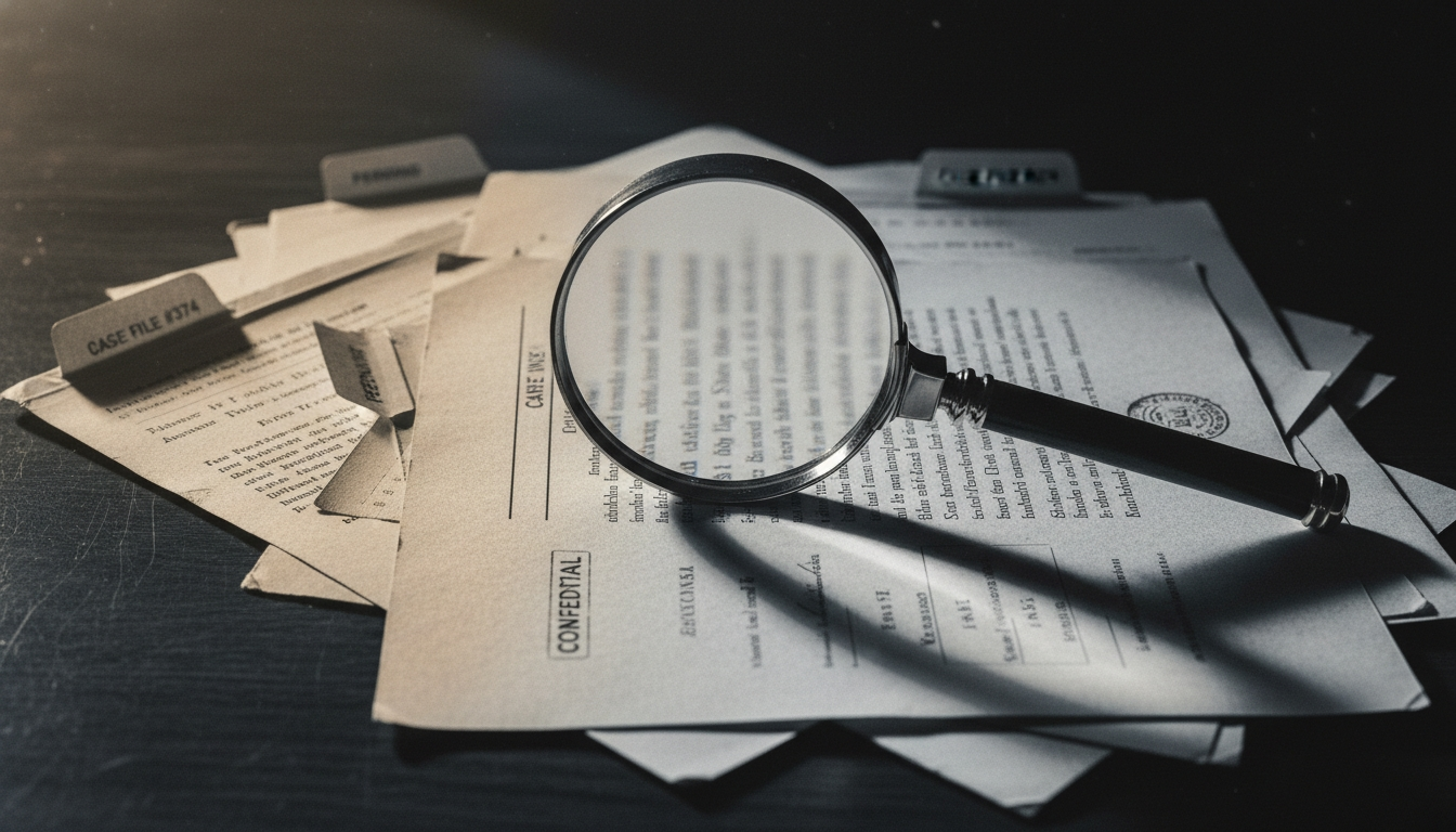 Case files and magnifying glass representing skip tracing